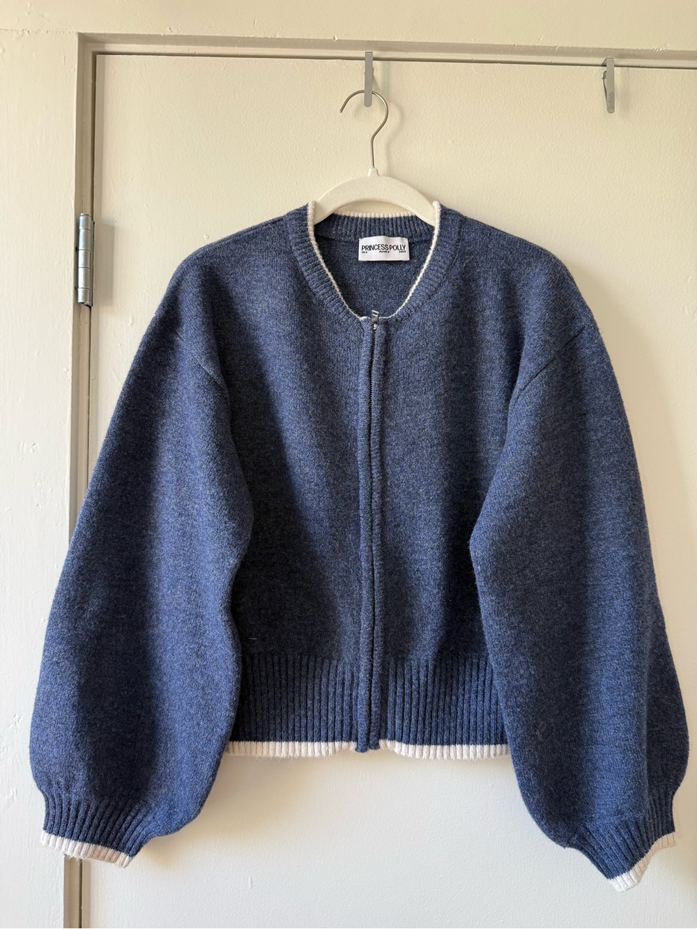 Princess Polly Navy Zip-Front Crew Sweater with White Trim - Picture 6 of 8